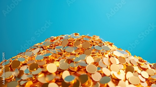 A vibrant mound of shiny gold coins glimmers against a blue background, evoking feelings of wealth and abundance.