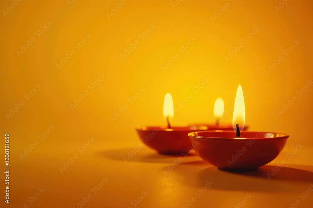 Gleaming diyas illuminate vibrant yellow backdrop, auspicious, hope Gleaming diyas illuminate vibrant yellow backdrop, auspicious, hope