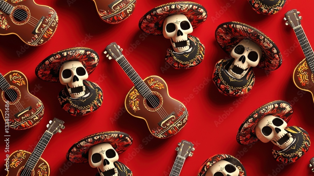 Fototapeta premium A seamless pattern of cute cartoon skulls wearing sombreros and playing guitars. A fun Dia de los Muertos (Day of the Dead) design.