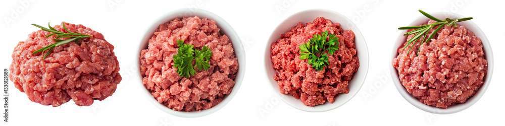 Various portions of freshly ground raw meat presented on plates garnished with green herbs and spices showcasing the texture and color of the ingredients Various portions of freshly ground raw meat presented on plates garnished with green herbs and spices showcasing the texture and color of the ingredients
