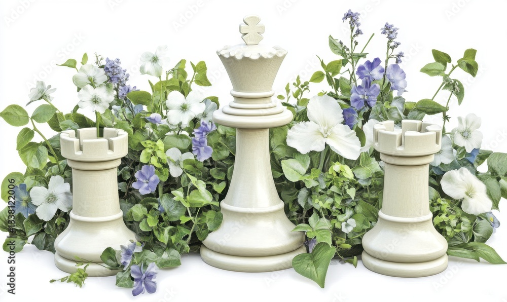 Chess pieces among flowers, strategy, spring, growth, game, background Chess pieces among flowers, strategy, spring, growth, game, background