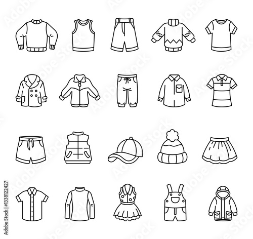 Clothes set featuring a variety of stylish fashion wear, including sweaters, jackets, shirts, pants, skirts, dresses, and accessories in a modern outline design for casual and formal style