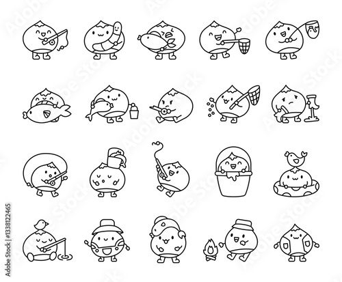 Chestnut fishing set featuring adorable cartoon characters enjoying various outdoor activities with fishing rods, fish nets, buckets, and different cute expressions and poses for yours projects