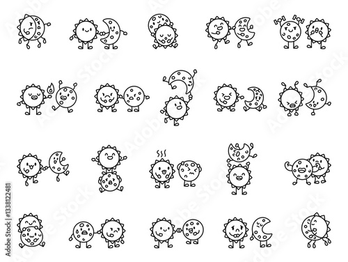 Adorable sun and moon relationship set featuring cute cartoon characters with different emotions, charming expressions, and celestial interactions showing friendship and cosmic connections