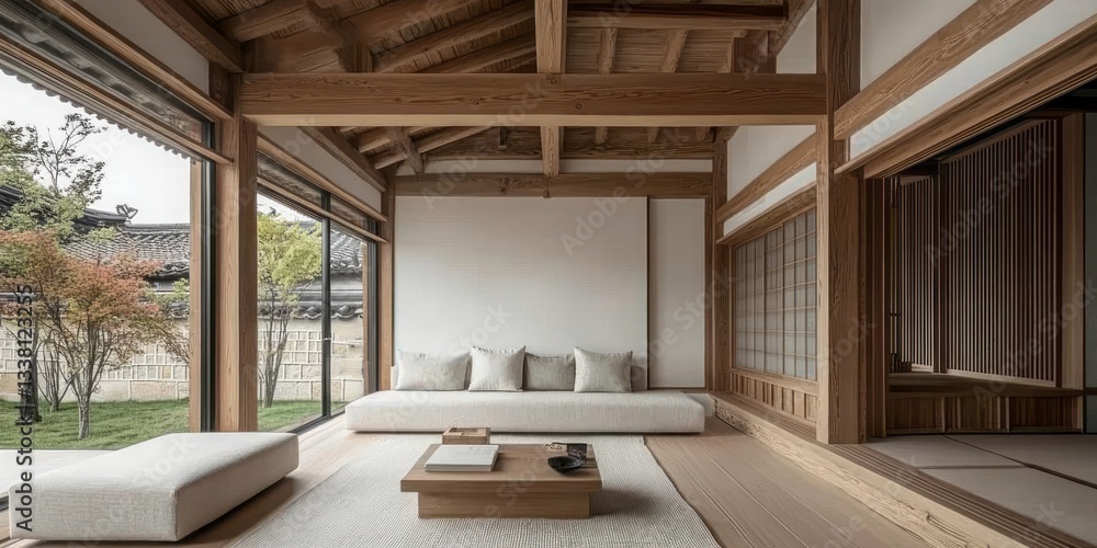 Naklejka premium A Modern Living Room Inside a Wooden Japanese Style Residence