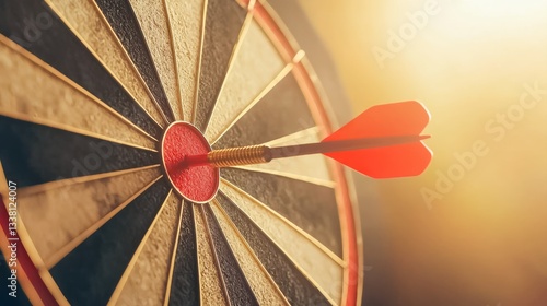 A close-up of a dartboard with a dart hitting the bullseye, showcasing precision and focus in a warm, illuminated environment.