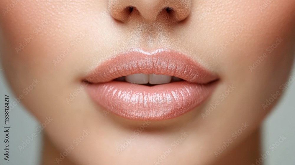 Obraz premium close up beautiful pretty woman's lip with nude color lipstick with gentle smile, beauty and cosmetic ad concept 