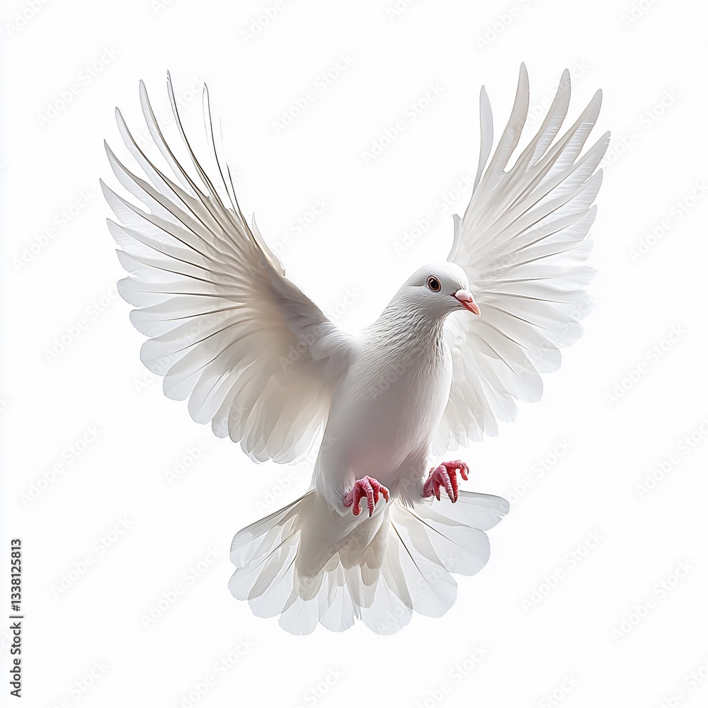 Obraz premium A stunning white dove mid-flight symbolizes peace and purity, perfect for International Day of Peace, religious events, or conveying a sense of serenity and freedom.
