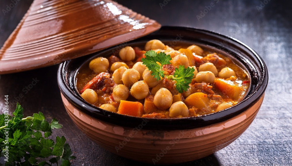 moroccan chickpea stew in traditional pot moroccan chickpea stew in traditional pot