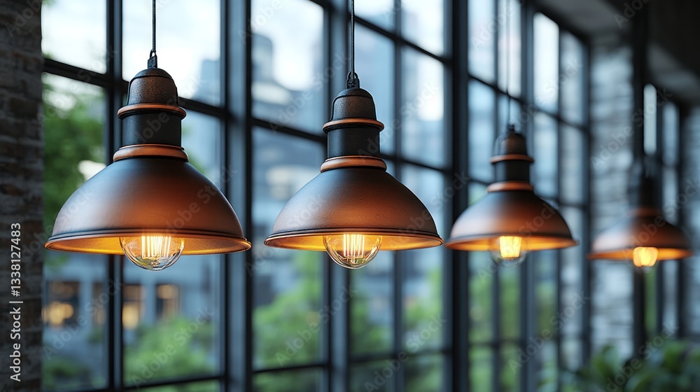 Obraz premium Industrial pendant lights illuminate a restaurant setting with urban view