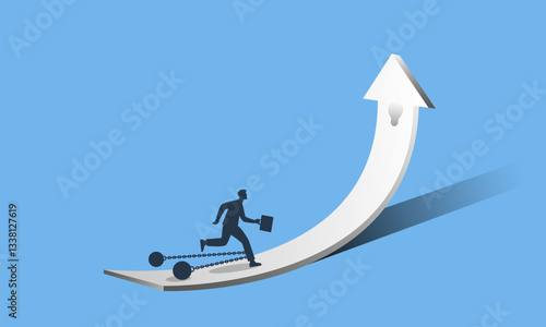 A businessman runs with a portfolio, overcoming difficulties and problems in business. Vector illustration