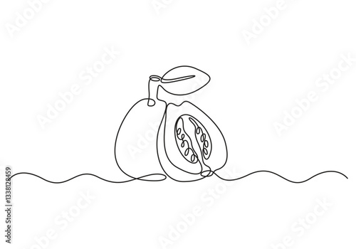 Continuous one line drawing of delicious guava fruits. Single line art fruits. Vector illustration