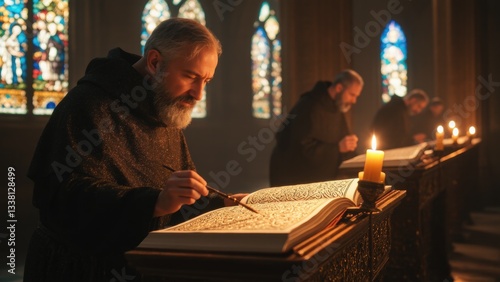 Medieval Monk Scribing Illuminated Manuscript by Candlelight in a Tranquil Monastery Setting