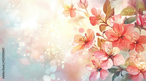 Soft pastel colors create a dreamy backdrop, featuring vibrant pink and peach blossoms amidst gentle bokeh effects