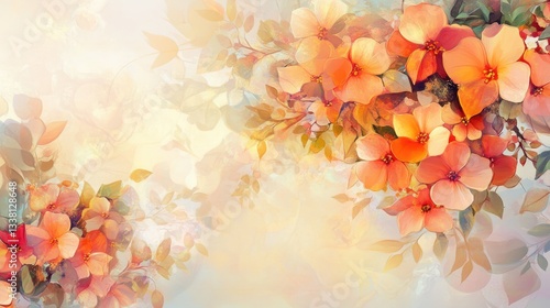 Colorful flowers bloom in lush arrangements against a gentle pastel background, evoking the freshness of spring in a serene setting