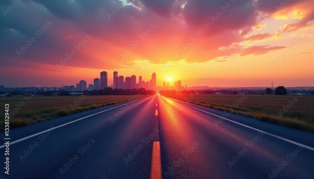Sunset cityscape panorama, empty asphalt road, panorama, journey Sunset cityscape panorama, empty asphalt road, panorama, journey