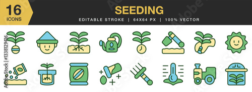 Seeding flat color icon set. Includes organic, plant, nature, seed, food, and More. Flat color icons vector collection.