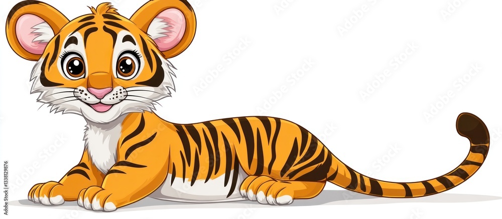 Adorable Tiger Cub Cartoon Character Lounging in a Relaxed Pose on White Adorable Tiger Cub Cartoon Character Lounging in a Relaxed Pose on White