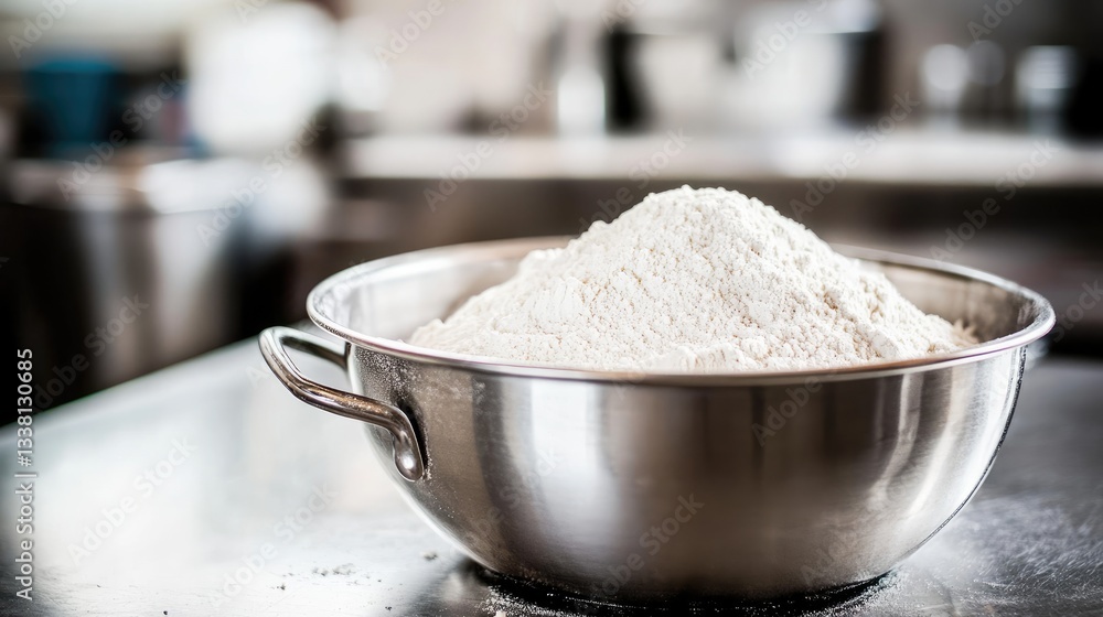 A stainless steel mixing bowl filled with sugar and flour, ready for baking A stainless steel mixing bowl filled with sugar and flour, ready for baking