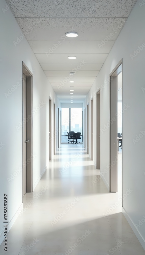Fototapeta premium Empty modern office hallway, white walls, meeting room visible, blank, backdrop, white background