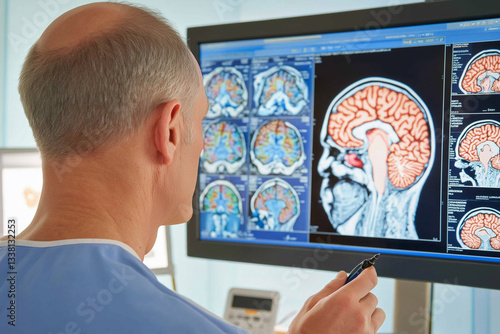 Vascular dementia brain diagnosis. Cognitive decline. Stroke treatment. Blood vessels rehabilitation. Doctor reviewing MRI and CT scans of a patient.