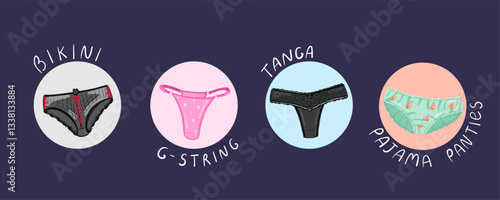 Cartoon set of women's underwear panties in circle and inscription. Cute colorful collection of lingerie underpants in flat style. Vector illustration on a dark background.