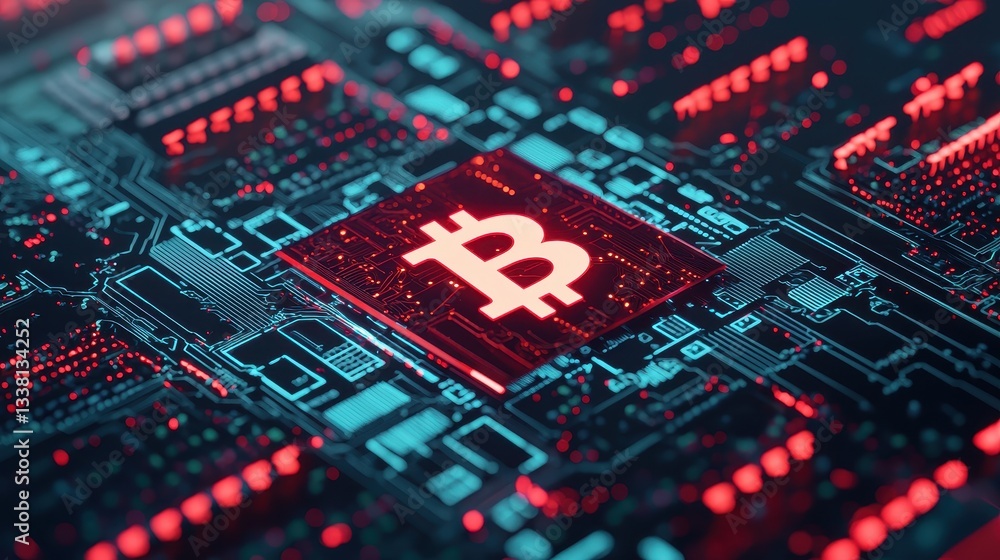 Digital circuit board featuring a Bitcoin symbol and vibrant colors. Digital circuit board featuring a Bitcoin symbol and vibrant colors.