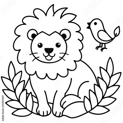 Cute Lion Relaxing with a Cheerful Feathered Friend