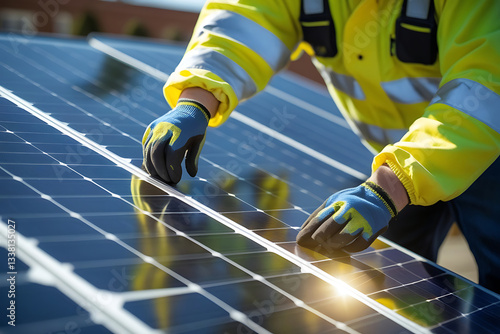 Male professional engineer installing solar photovoltaic panels on industrial factory roof, electrician mounting blue solar modules for renewable energy system
