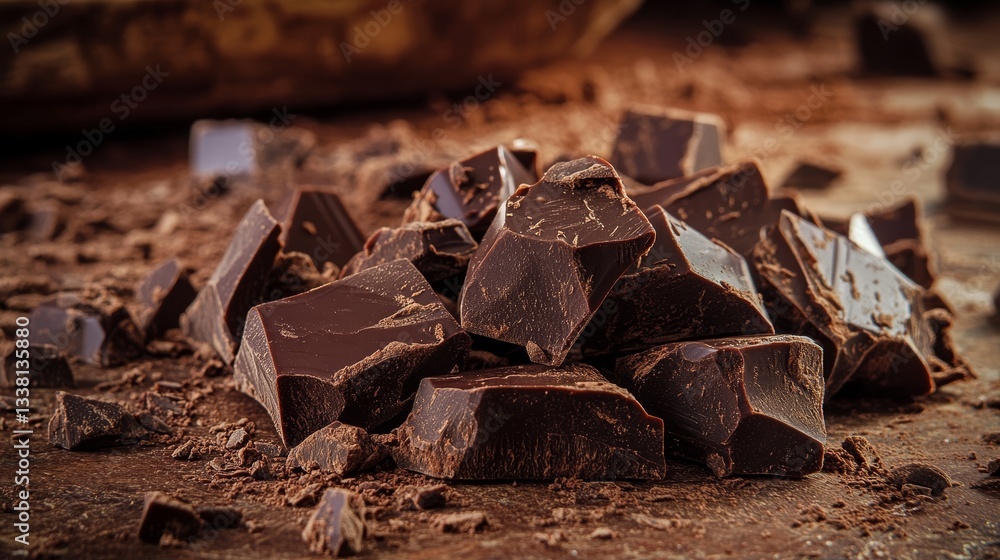 Rustic chocolate chunks with rough hewn texture in cafe Rustic chocolate chunks with rough hewn texture in cafe