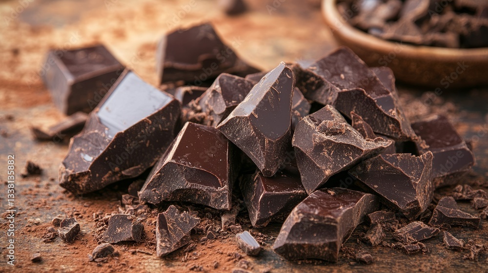 Rustic chocolate chunks with rough hewn texture in cafe Rustic chocolate chunks with rough hewn texture in cafe