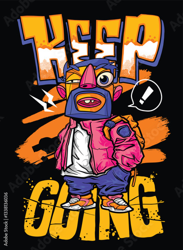 A colorful and dynamic graffiti cartoon character with exaggerated facial expressions, urban fashion, and stylish accessories. This vector illustration is ideal for T-shirt prints, merchandise, and di