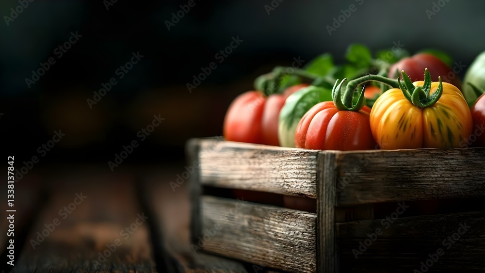 Φωτογραφία A wooden crate filled with various ripe tomatoes, showcasing different colors and sizes, against a dark background