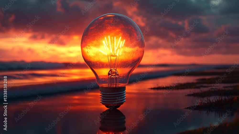 Glowing light bulb standing on wet sand reflecting sunset. Creativity concept Glowing light bulb standing on wet sand reflecting sunset. Creativity concept