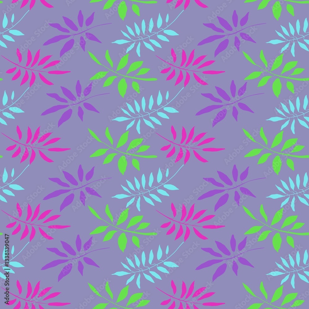 Seamless pattern features colorful tropical leaves in shades of pink, green, blue, and purple on a muted lavender background. The bold contrast and vibrant colors create a modern, playful, Seamless pattern features colorful tropical leaves in shades of pink, green, blue, and purple on a muted lavender background. The bold contrast and vibrant colors create a modern, playful,