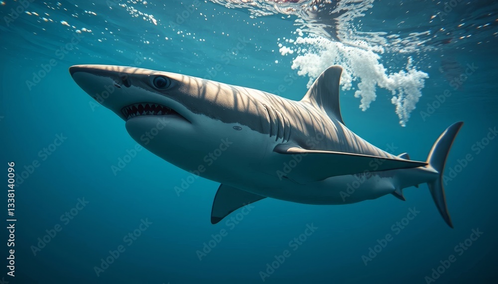 Fototapeta premium A Majestic Shark Gracefully Navigates the Deep Ocean Depths, Sunlight Filtering Through the Water's Surface, Creating a Dramatic Underwater Scene