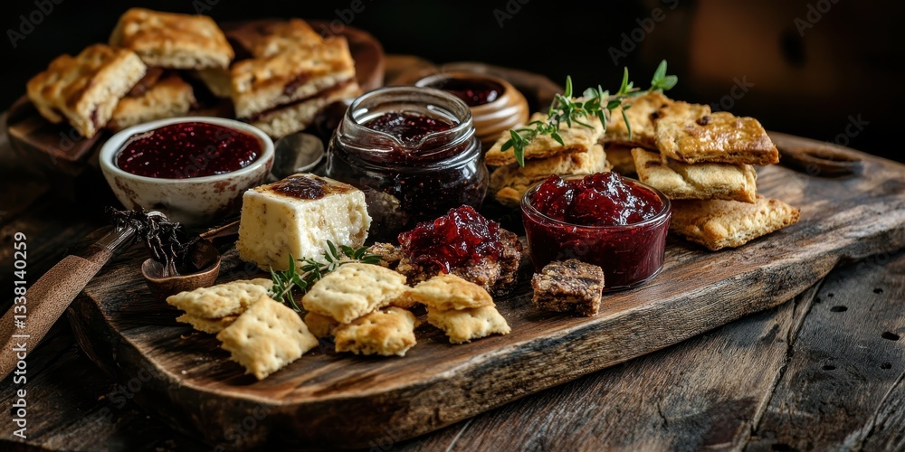 Rustic wooden board showcasing a delightful assortment of pudding, jam, and biscuits for a cozy dessert spread. Rustic wooden board showcasing a delightful assortment of pudding, jam, and biscuits for a cozy dessert spread.