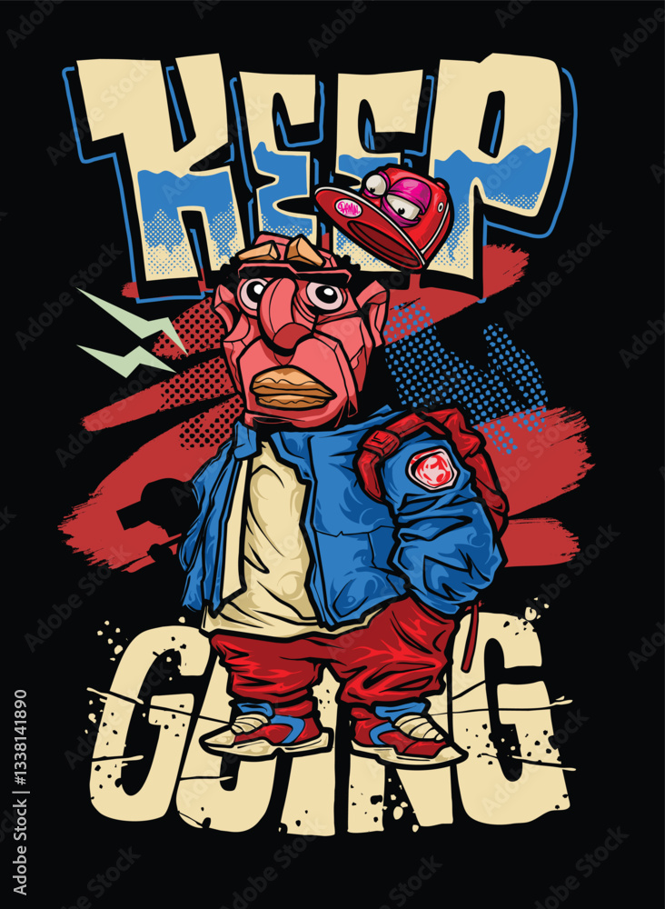 Obraz premium A colorful and dynamic graffiti cartoon character with exaggerated facial expressions, urban fashion, and stylish accessories. This vector illustration is ideal for T-shirt prints, merchandise, and di