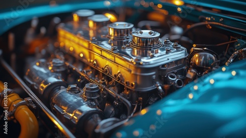 Gleaming Classic Car Engine: A Detailed Close-Up