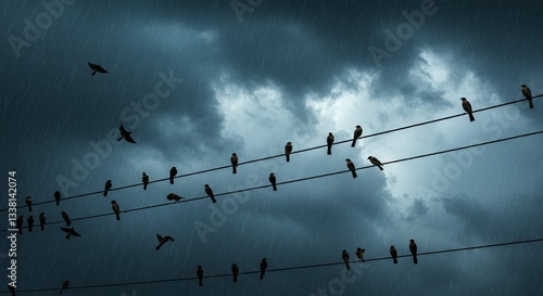 Birds Perched on Power Lines During a Rainy Day Storm