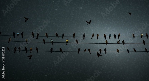 Rainy Day Birds Perched on Power Lines Dramatic Nature Scene Avian Wildlife