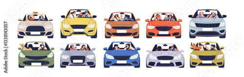 Driving car set, front view. Driver and passengers inside auto, steering on road trip, travel. People in automobile vehicle from windscreen. Flat vector illustrations isolated on white background