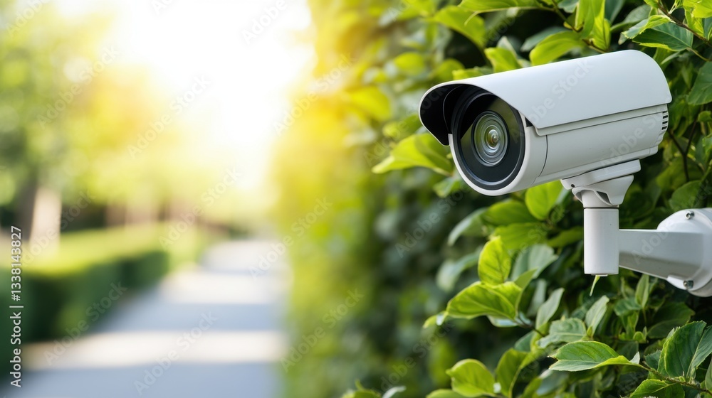 White security camera mounted on a bush, overlooking a blurred sunny park pathway. White security camera mounted on a bush, overlooking a blurred sunny park pathway.