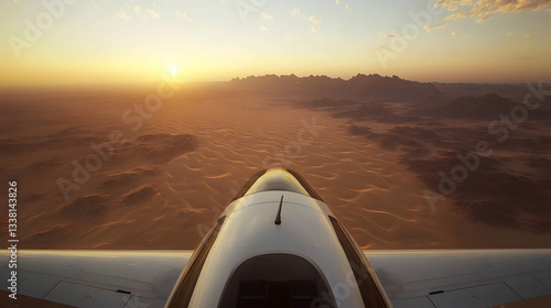Aerial View of Desert Landscape at Sunset from Airplane