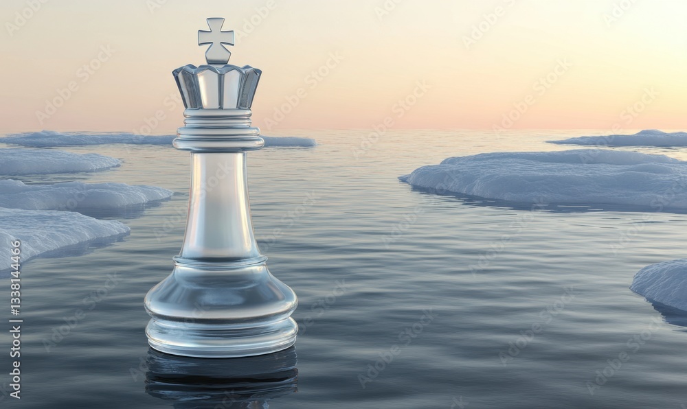 Obraz premium Glass chess king on melting ice floes at sunset climate change concept