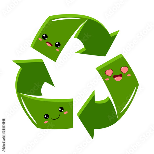 Vector Green Recycle Symbol with cute emoji faces. Arrow recycle symbol. Sustainable development of strategy approach to zero waste, responsible consumption, eco-friendly. Reuse, renewable resources 