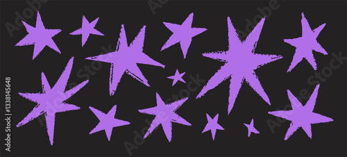 Stars set. Hand-drawn crayon-textured sparkles, rough irregular uneven starry drawings. Twinkles, sparks, decorative design elements in modern trendy doodle style. Isolated flat vector illustrations
