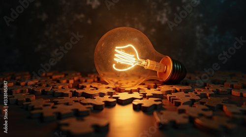 A glowing light bulb sits amidst scattered puzzle pieces on a dark surface, casting warm light over the surrounding area, showcasing creativity and engagement with form