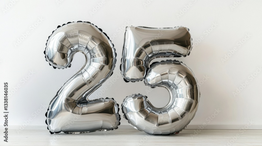 Silver foil balloons shaped as number 25 against white background Silver foil balloons shaped as number 25 against white background