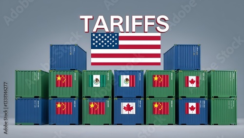 Tariffs and Trade: Visual representation of trade tariffs, with shipping containers displaying the flags of multiple countries including USA, China, Mexico, and Canada.